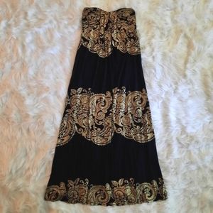 Indian Henna Design - Metallic Gold Paisley on Black Strapless Maxi Dress